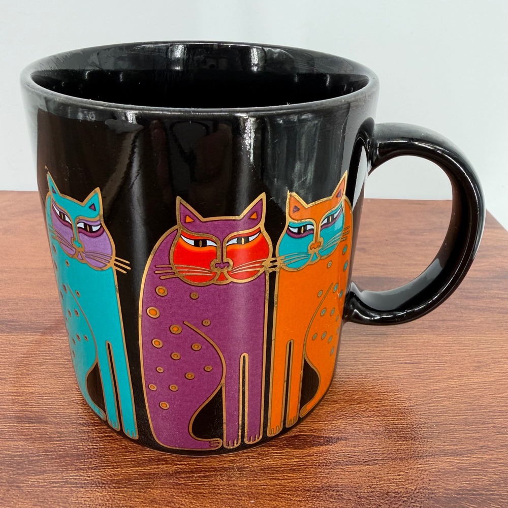 VTG 80s Laurel‎ Burch Fantastic Felines Siamese Cats Mug Japan Black Gold Trim